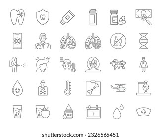 Equipo de Iconos Vectores Médicos. Iconos de línea, signos y símbolos en diseño lineal. Medicina, Atención de la Salud y Pandemia del Coronavirus COVID-19. Conceptos móviles y aplicaciones web. Logotipo Infográfico Moderno y Pictograma.