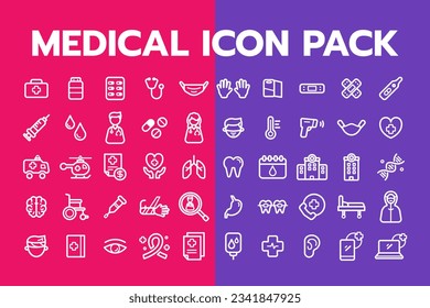 Medical Vector Icons Set. Line Icons, Sign and Symbols in Flat Linear Design Medicine and Health Care with Elements for Mobile Concepts and Web Apps.