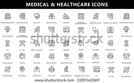 Medical Vector Icons Set. Line Icons, Sign and Symbols in Flat Linear Design Medicine and Health Care with Elements for Mobile Concepts and Web Apps. Collection Modern Infographic Logo and Pictogram.