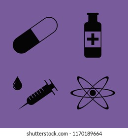 medical vector icons set. with medicine bottle, syringe, atom and capsule in set