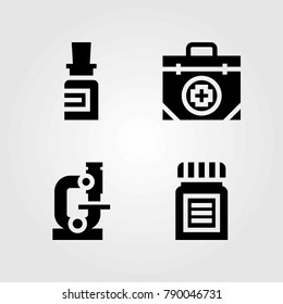 Medical vector icons set. microscope, first aid kit and medicine