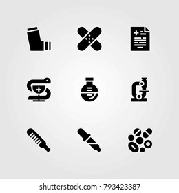 Medical vector icons set. microscope, inhaler and patch