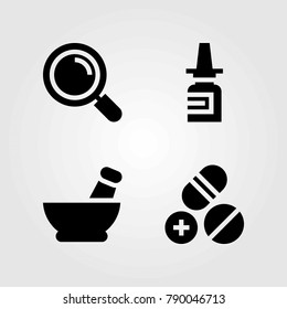 Medical vector icons set. mortar, pills and loupe