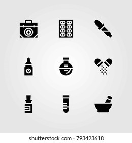 Medical vector icons set. mortar, medicine and flask
