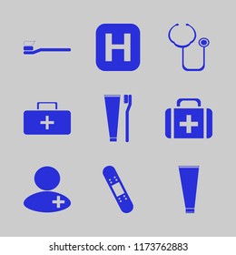 medical vector icons set. with patch medicine, hospital sign, first aid bag and toothbrush toothpaste in set