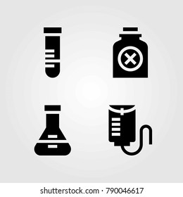 Medical vector icons set. pills, flask and test tube