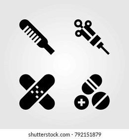 Medical vector icons set. pills, patch and syringe