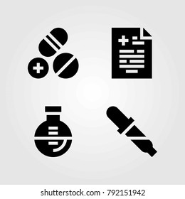 Medical vector icons set. pipette, medical result and pills