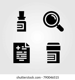 Medical vector icons set. medical result, loupe and pills