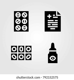 Medical vector icons set. medical result, pills and eye drops