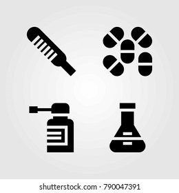 Medical vector icons set. spray, thermometer and flask