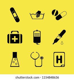 medical vector icons set. with stethoscope, tablet capsule, first aid bag and test tube in set