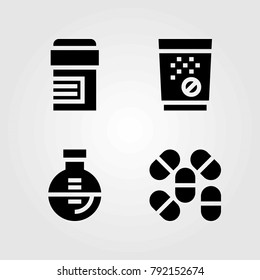 Medical vector icons set. tablets, pills and flask