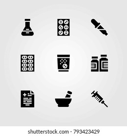 Medical vector icons set. tablets, flask and pills