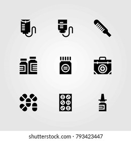 Medical vector icons set. tablets, nasal spray and first aid kit