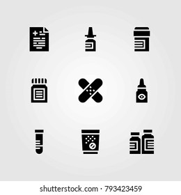 Medical vector icons set. test tube, tablets and medicine