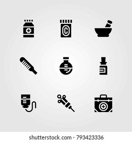 Medical vector icons set. thermometer, medicine and first aid kit