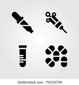 Medical vector icons set. tube, pills and pipette