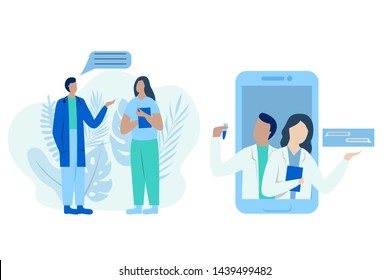 Medical vector illustration. Doctors talking. Two medical officers talking, helping patients, answering questions. Flat style.