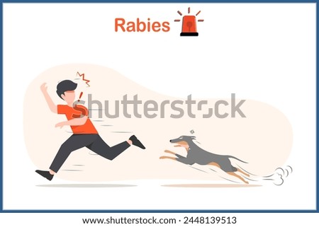 Medical vector illustration in flat style. Rabies concept.A gray dog ​​infected with rabies.Chasing and biting a man who was running away in extreme shock. Dogs can be carriers of rabies.