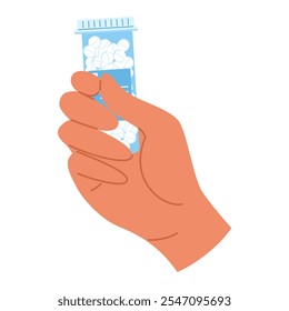 Ilustração de vetor médico de uma mão segurando um frasco de pílula de prescrição. Conceito de tratamento e cuidados de saúde