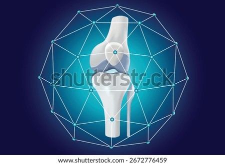 Medical vector illustration of a human knee joint surrounded by a digital network structure, symbolizing protection, health, and advanced care.This image is not generated by AI 