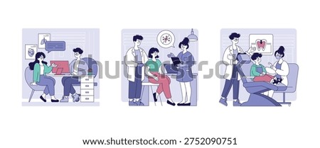 Medical vector illustration set shows a doctor consulting with patients, discussing health results, and conducting dental check-ups. Captures healthcare interaction and professional communication.