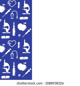 Medical Vector illustration with vertical border of medicine symbol Cardiogram Pills Ampoule Syringe Heart Stethoscope Apple Pharmacy Diagnostics Clinic Hospital Copy space Empty place for your text