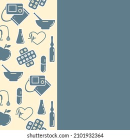 Medical Vector illustration with vertical border of medicine icon Cardiogram Pills Ampoule Heart Stethoscope Mortar Flask Apple Pharmacy Diagnostics Clinic Hospital Copy space Empty place for text