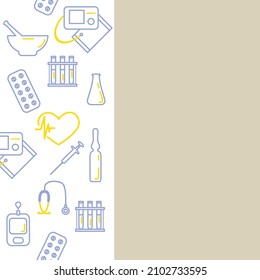 Medical Vector illustration with vertical border of medicine icon Cardiogram Pills Ampoule Heart Stethoscope Mortar Flask Blood glucose meter Test tube Pharmacy Diagnostics Clinic Hospital Copy space