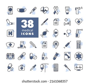Medical vector isolated icons set. Medicine and healthcare, medical support sign. Graph symbol for medical web site and apps design, logo, app, UI