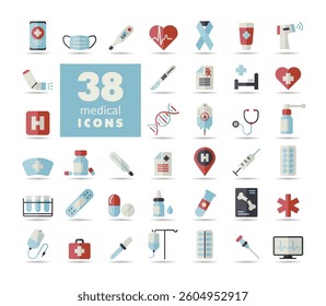 Medical vector isolated icons set. Medicine and healthcare, medical support sign. Graph symbol for medical web site and apps design, logo, app, UI