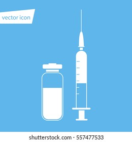 Medical vector isolated syringe for injection vaccine, white syringe with fluid at blue background, flat icon