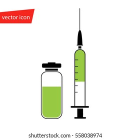 Medical vector isolated syringe for injection vaccine, syringe with green fluid at white background, flat icon