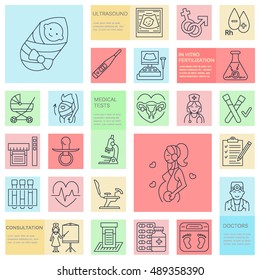 Medical vector line icon of pregnancy and woman health. Elements - gynecology chair, maternity, reproduction, check up, happy baby doctor, ultrasound. Pregnancy poster for hospital, clinics