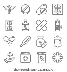 Medical Vector Line Icon Set. Contains such Icons as Pills, Tablet, Pain, Painkiller, Aspirin, Pharmacy and more.