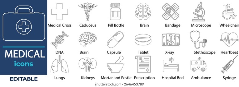 Medical Vector Line Icons. Containing Caduceus, Brain, Bandage, Microscope, Wheelchair, DNA, Capsule, Tablet, X-ray, Stethoscope and more. Solid Vector Line Icons collection.