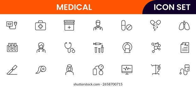 Medical vector line icons featuring stethoscopes, syringes, pills, hospitals, doctors, heartbeats, first aid, diagnostics, and healthcare equipment symbols.