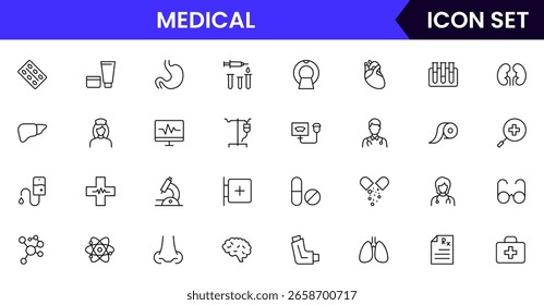 Medical vector line icons featuring stethoscopes, syringes, pills, hospitals, doctors, heartbeats, first aid, diagnostics, and healthcare equipment symbols.