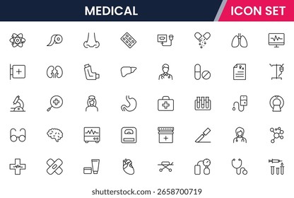 Medical vector line icons featuring stethoscopes, syringes, pills, hospitals, doctors, heartbeats, first aid, diagnostics, and healthcare equipment symbols.