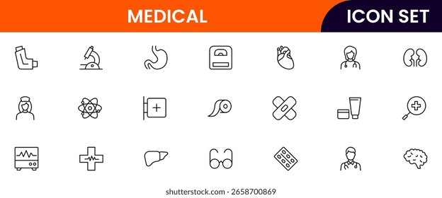 Medizinische Vektorlinien-Symbole mit Stethoskopen, Spritzen, Pillen, Krankenhäusern, Ärzten, Herzschlägen, Erste Hilfe, Diagnostik und Symbolen für medizinische Geräte.