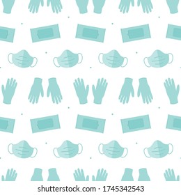 Medical vector seamless pattern background with antibacterial wipes, medical face mask, rubber gloves for healthcare design.

