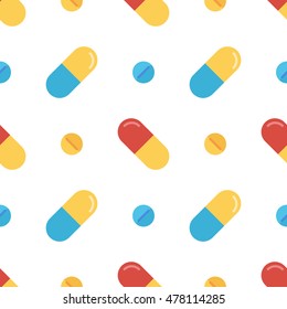 Medical vector seamless pattern background with colorful pills.
