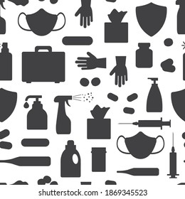 Medical vector seamless pattern, black silhouettes isolated on white background. Health illustration