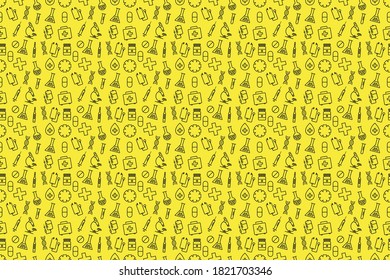 Medizinische Vektorgrafiken nahtlos Muster. Medizinische Symbole Gelber Hintergrund. Thin Outline Art.