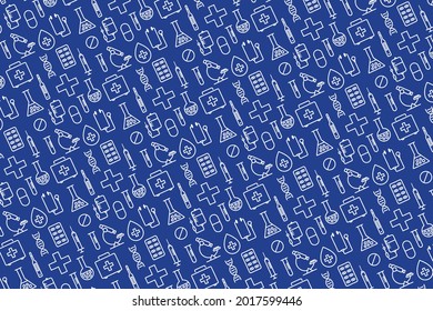 Patrón sin fisuras del vector médico. Los elementos de Medicina y Farmacia esbozan iconos aislados en el fondo azul. Iconos de la línea delgada del hospital - termómetro, chequeo, diagnóstico, microscopio, estetoscopio.