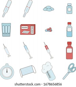 medical vector set consisting of a thermometer, mask, syringe, tablets, capsules, jar, bottle, scissors, cotton wool, timer, isolated on a white background