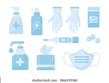 Medical Vector Set. Disinfectant, Face Mask, Gloves, Antibacterial Spray, Wipes, Soap, Pills, Thermometer. Healthcare Illustration