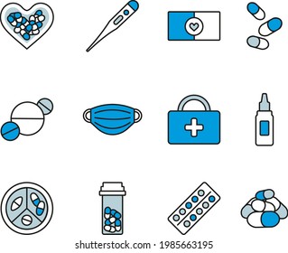medical vector set icons linear blue color hospital medication pills mask ambulance first aid kit health care