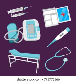 Medical Vector Set, Injecting, Health box,Syringe, Thermometer, Stethoscope,  Tensiometer, Intensive Care Bed, Glosbe